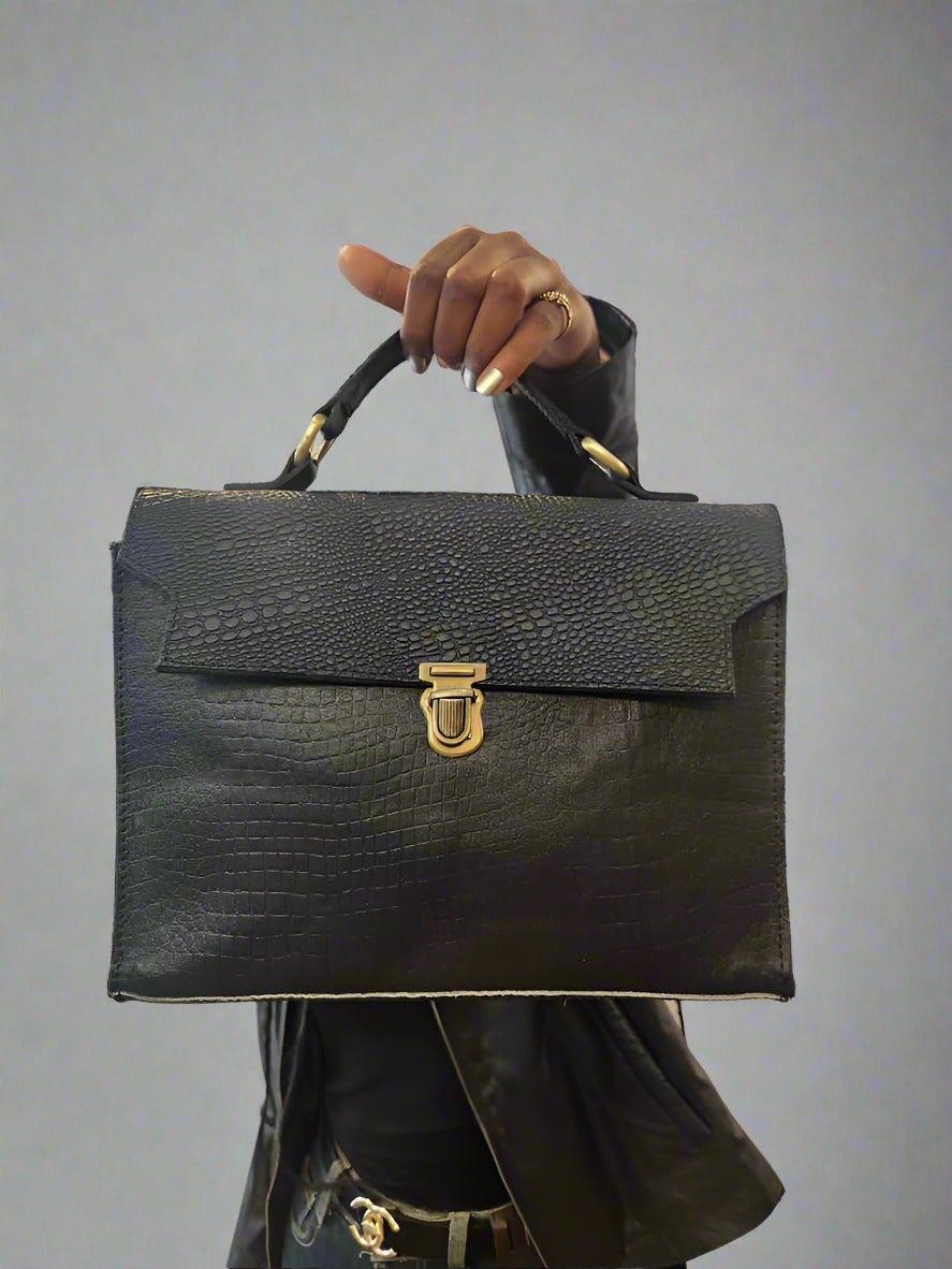 Ladies Frame Bag – Elegant & Timeless Handcrafted Textured Black Leather Bag with Gold Accents